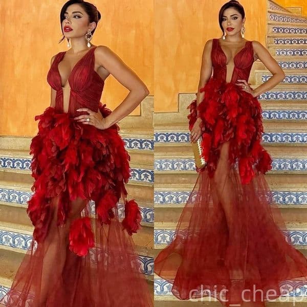 2025 Dark Red A-line Prom Dresses Deep V-neck Feather See Through Evening Formal Party Second Birthday Engagement Gowns Plus Size Dress For Special Occasions