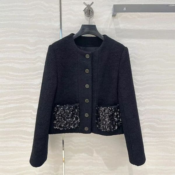2025 Spring Sequins Floral Pockets Sweet Short Tweed Jacket Womens Oneck Long Sleeve Single Breasted Vintage Coat 250225