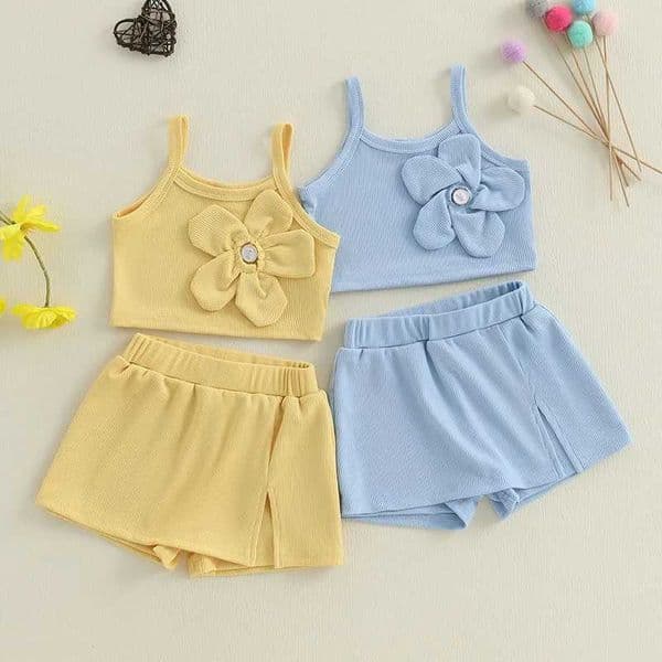 Girls Clothing Set Solid Color Flower Sleeveless Tank Tops Casual Patchwork Shorts Kids Fashion Children Summer Clothes OutfitsXJ250305