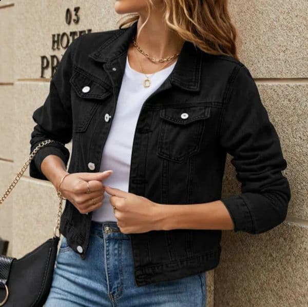Denim coat lapel womens jacket single chest open top button wash 2024 solid loose pocket streetwear 250305
