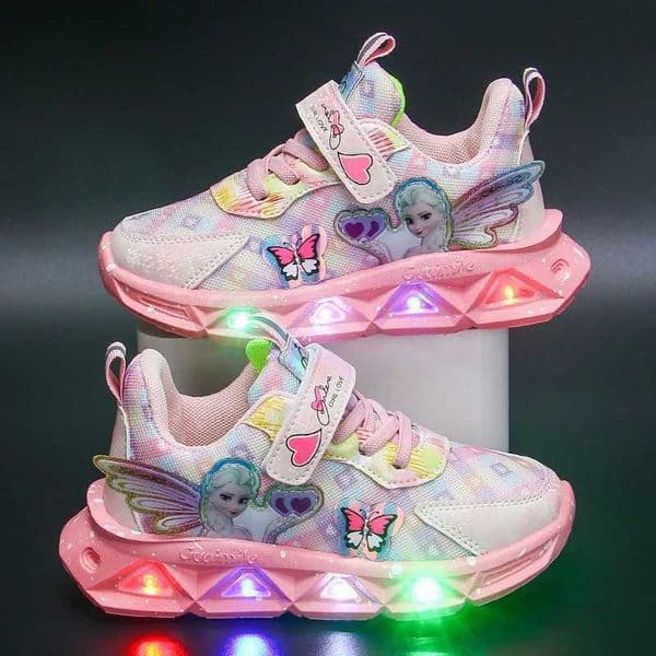 Sneakers Childrens Sports Shoes Led Lights Sneaker Cartoon Frozen Princess Elsa PU Leather Girls Pink Childrens Running Shoes S2535