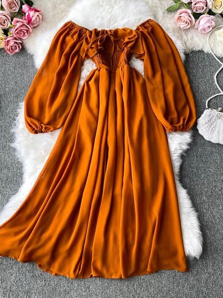 Autumn Women Slash Neck Long Sleeve Midi Dress Female YellowRedPink High Waist Ruffle Big Swing Chiffon Robe Fashion 250305