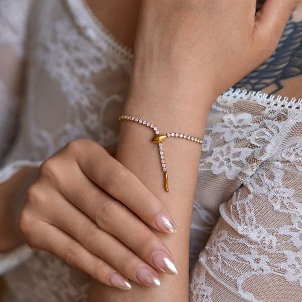 New HOT 18k Gold Plated Tarnish Free Vintage Zircon Tennis Snake Tail Bracelet Anklet Set Model Show Luxury Jewelry