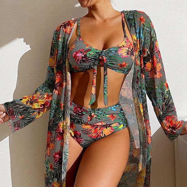 Women Beachwear 3 Piece Set Push Up BikiniLong Sleeved Mesh Smock GrayBlueYellowWhitePurplePinkGreenRose Bathing Suit 250306