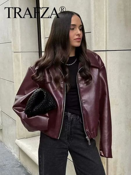 TRAFZA Women Fashion Bury Faux Leather Jackets Casual Lapel Long Sleeves Coat Zipper Autumn Female High Street Outerwear 250228