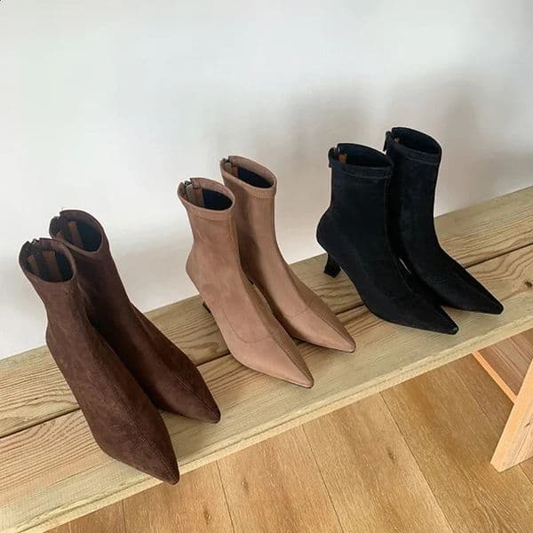 Vintage Women Ankle Boots Fashion Pointed Toe Shoes Autumn Winter High Heel Ladies Elegant Stretch Slim Short Booties 250305