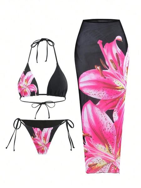 Flower Print Bikini Set Womens High Waist Long Skirt 3 Piece Swimsuit Sexy Mini Triangle Backless Thong Bathing Suit 250306