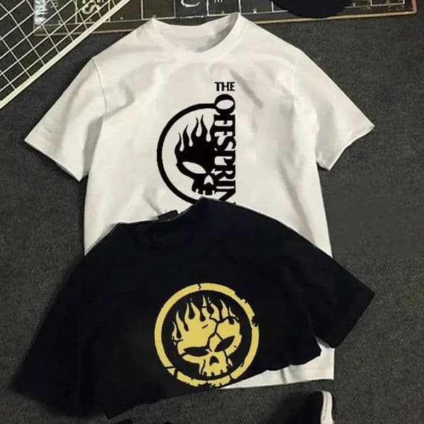 Flame Skull Head Punk Tshirt The Offspring Band Top Men Hipster Streetwear Clothing Shirts 250227