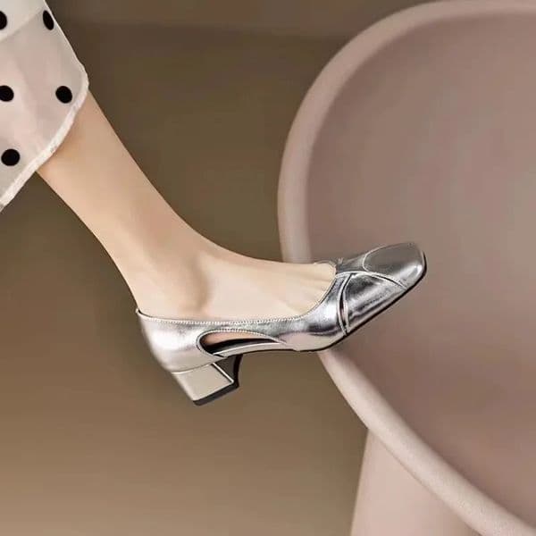 French Square Head Hollowed Leather Shallow Women Shoes Slip-On Med Heeled Comfor Office Career Pumps Gold/Silver 250306