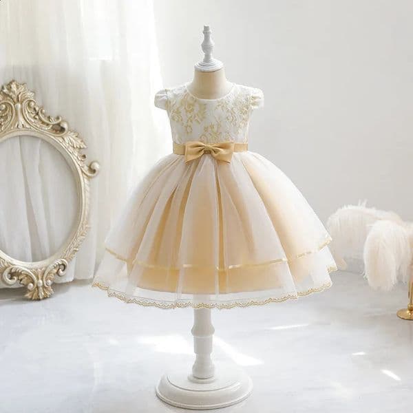 Champagne Baby Girl Summer Dress Embroidery Tulle Toddler Party Layers 1 Year Birthday Princess Formal Gowns Child Kids Clothes 250305