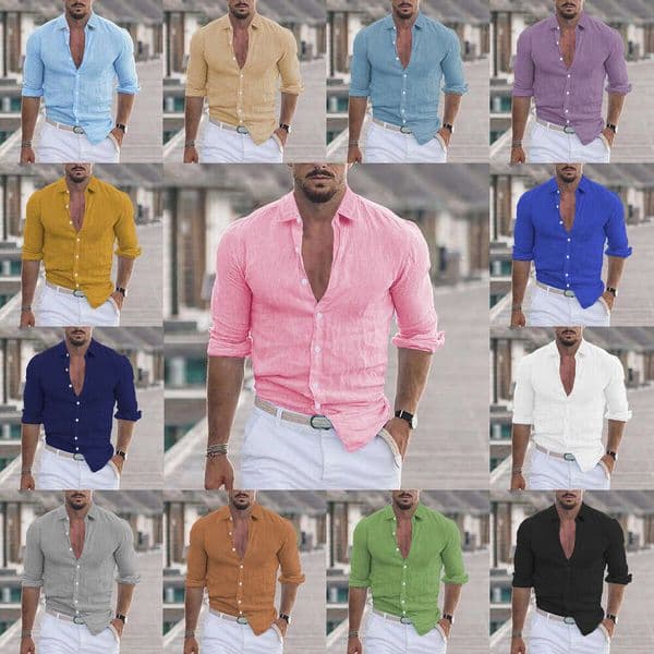 men's summer cotton and en lapel beach shirt long sleeved solid color Hawaiian holiday 2025 temperament versatile new trendy clothing ins
