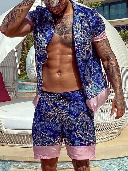 Beach style casual twopiece mens suit summer fashion striped short sleeved lapel shirt and shorts 250303BJ