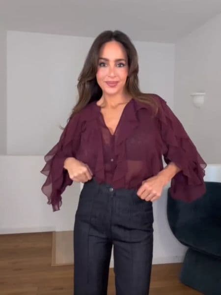 Fashionable womens multilayer pleated shirt sexy See Through Vneck long sleeved single chest Tshirt Spring solid top 250306BJ