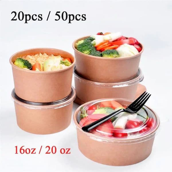 Soup Bowls With Lids Reusable Food Tray Bowls Paper Salad Bowl Lids With Soup Disposable Meal Cups Salad Food Prep Kraft Box 250304