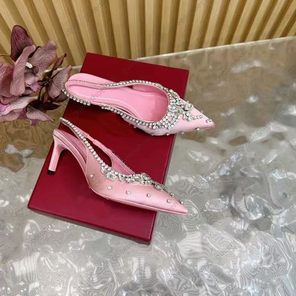 Top Quality Satin Slingbacks Women Luxury Designer Sandals Rhinestone Decoration 10.5cm High Heels Casual Ankle Strap Party Wedding Shoes Size 35-42
