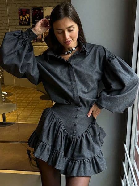 Pleat Ruffle Hem Women Skirt 2 Piece Set Single Breasted Full Lantern Sleeve Shirt A-line Skirts Vintage High Waist Lady Outfits 250306BJ