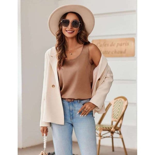 New Arrivals Silk Satin Vest Women's Low Round Neck Sleeveless Camisole Top Summer Mocha mousse Basic Shirt KLMY