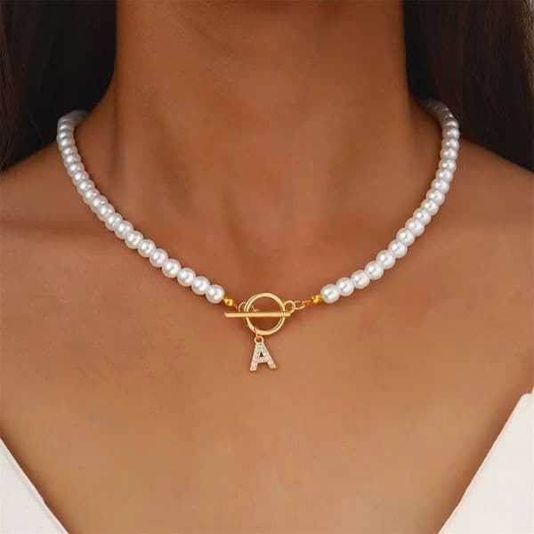 Plastic Pearl Chain Obuckle Necklace Set With Diamonds 26 Letter Pendant Collarbone Name 250228