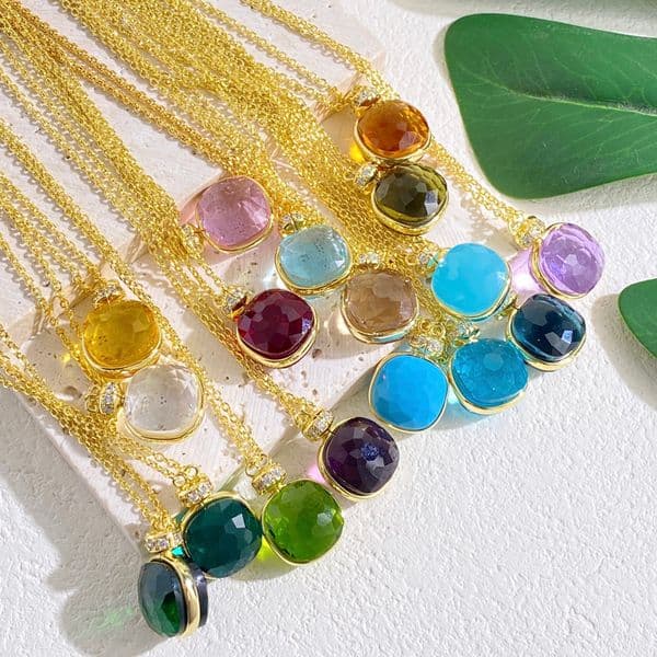 Trendy Candy Color Faceted Crystal Pendant Necklace Gold Plated Brass Double-Sided Transparent Gemstones Elegant Jewelry 43cm+2.4cm Extension