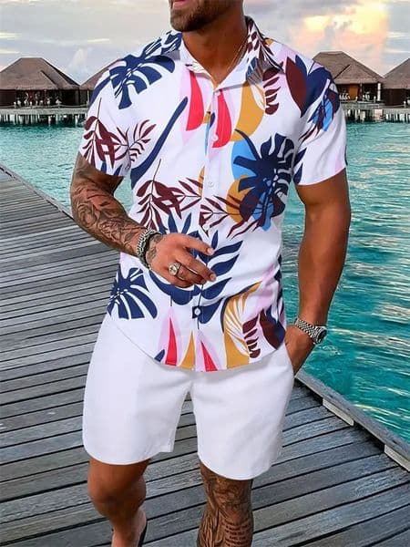 2024 Mens Shirt Short Sleeve Shorts Set Elegant Mens Printed Lapel Short Sleeve Summer Casual Beach Street Holiday Clothing 250306