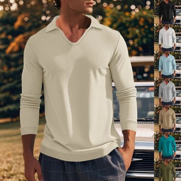 Spring/Summer Long Sleeve Mens Shirt Thin Wall Grid Fabric Solid Color Slimming Collar Polo Knitted Mens Promotion 250303BJ