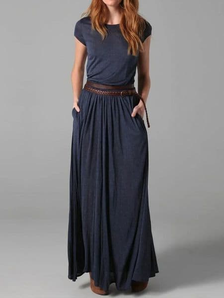 Plus Size Vintage Round Neck Dress Short Sleeve Minimalist Casual Retro Summer Female Pockets Ruched Pleated Long 2024 250225BANJIA
