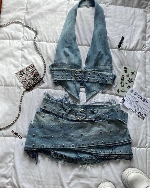 Y2K Light Blue Two Piece Sets Womens Outfits Gothic Vintage Denim Skirt Tops Sets Harajuku Sexy Slim Halter Tops Mini Hip Skirt 250306BJ