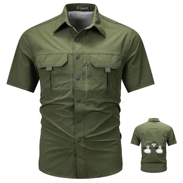 Mens short sleeved shirt ice silk quick drying middle-aged and young mens lapel workwear multi pocket shirt summer thin top 250303