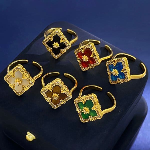 Gold Brushed Square Ring Carved Metal with Micro Pave White Zircon Elegant Gold Plated Brass Jewelry for Women Stylish and Chic Design