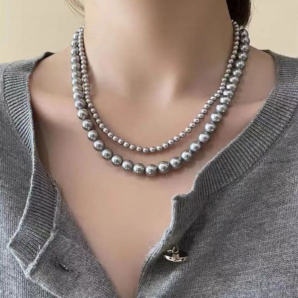 Womens French Retro Jewelry Grey Pearl Necklace 250228