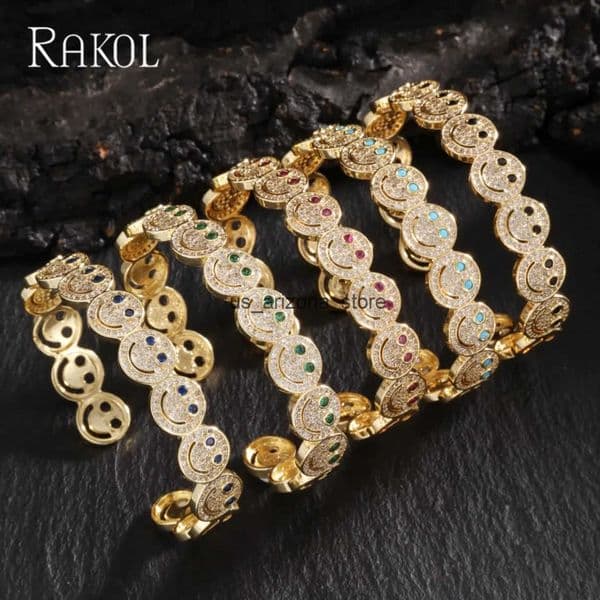 Bangle RAKOL Fashion Round Smile Cuff Bracelet Copper Gold Plated Cubic Zirconia Charm Party Jewelry Q250308