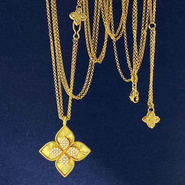 Trendy Double Layer Long Necklace Four Petal Flower Design Gold Plated Brass White Shell Black Agate Green Malachite Blue Turquoise Jewelry