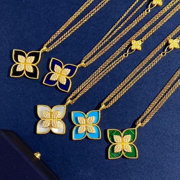 Elegant Four Leaf Flower Necklace Gold Plated Brass Double Sided Design Micro Pave Zircon and Gemstone Pendant Vintage Style Fashion Jewelry