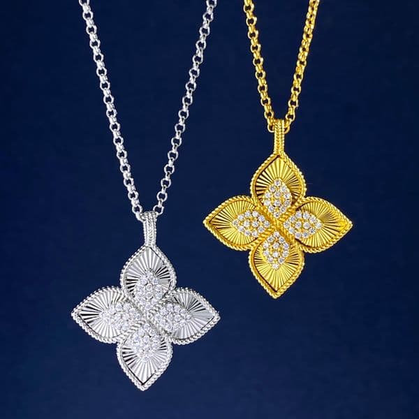 Chic Four Petal Flower Long Necklace Double Layer Sweater Chain Gold Plated Brass White Shell Black Agate Green Malachite Blue Turquoise Design