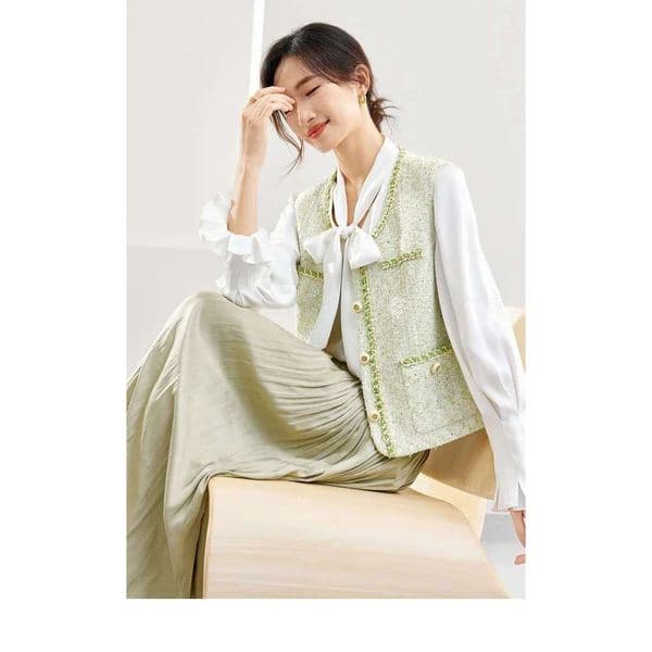 Women Sleeveless Tweed Vest Elegant Waistcoat 2025 Spring Fashion Light Green Button Up Tops Female Clothing