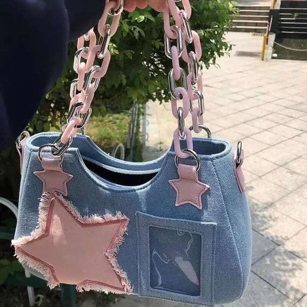 Korean Fashion Shoulder Underarm Haruku Star Tote Denim Chain Ladies Bags Zip Purses Handbags Women 2025 Square Bag