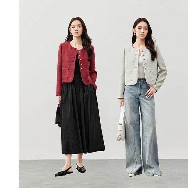 Women's 2025 Spring Style Straight Tweed Sequins Single Breasted Outerwear