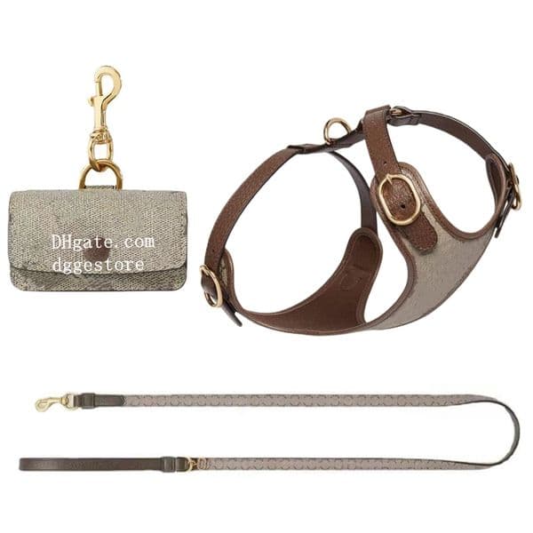 Designer Dog Harness and Leash Set with Poop Bag Dispenser Soft Leather Adjustable and No Pull Dog Harness Collar for Small Medium Dogs Classic Letter Pattern L B159