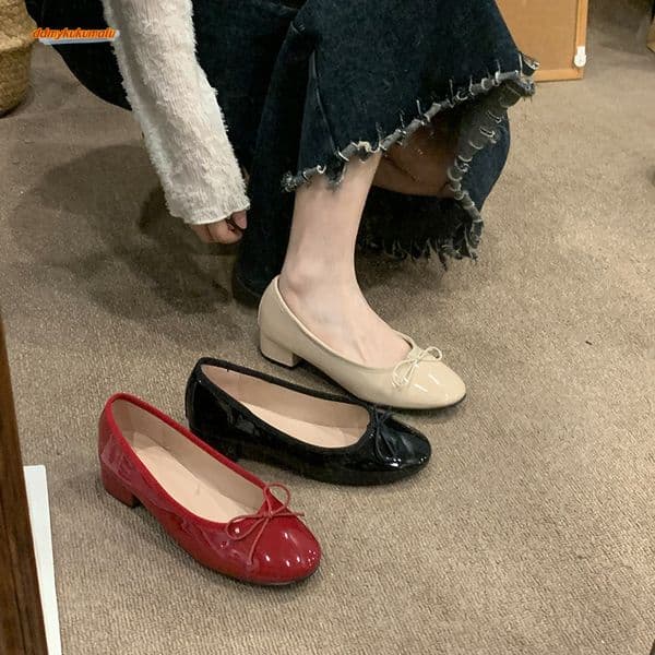 Wind red coarse single for 2025 versatile bow shallow ballet flat bottomed scoop shoes ddmykukumalu