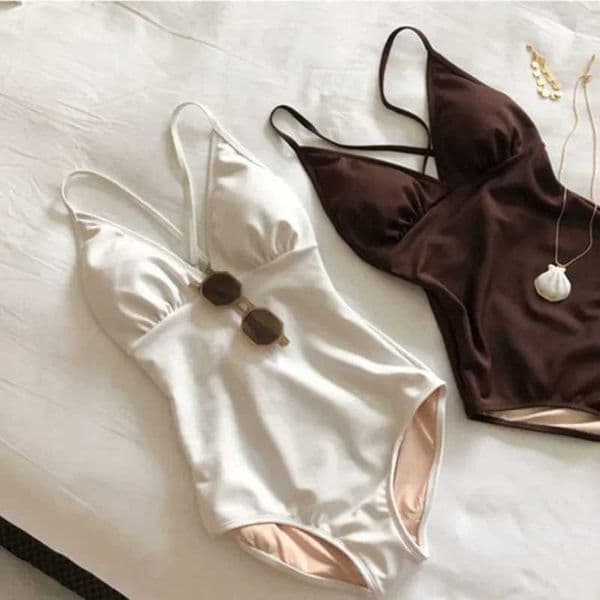 Korean Style One Piece Swimwear Solid Swimwear Push Up Swimsuit White Bathing Suit Sexy Monokini Brown Pool Beachwear 2024 NewXJ250310