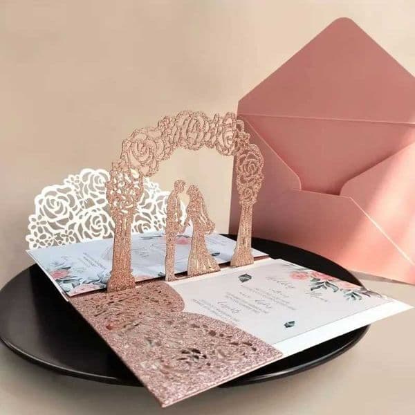 3D Bride and Groom Rose Gold Pop up Wedding Invitation Laser Cutting Greeting Card Envelope Rsvp Navy Blue White Pink X250311