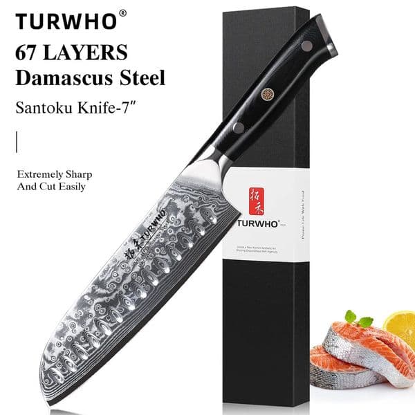 TURWHO 7 Japanese Santoku Knife Damascus Steel Professional Chef Sliced Meat Chop Beef Kitchen Cooking Tool 250311BJ