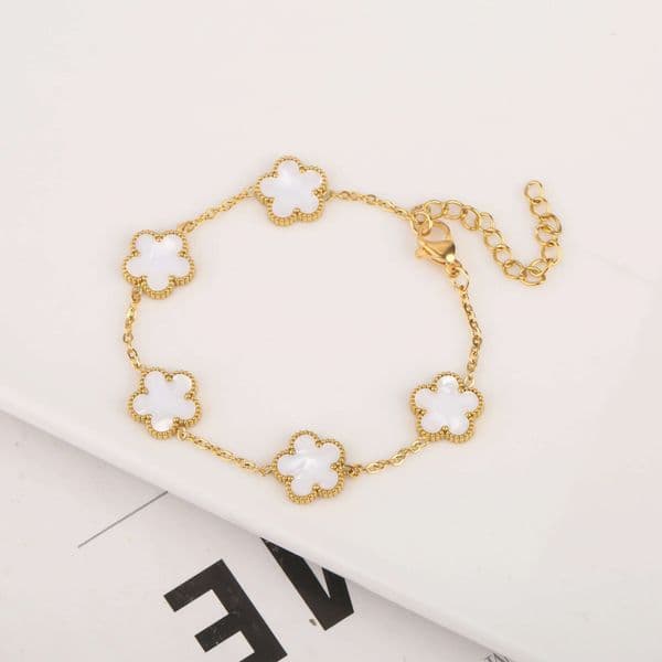 Gold Plated 316L Stainless Steel Adjustable Plant Wrist Bracelet - Five Leaf Clover Petals Womens Gift H260128