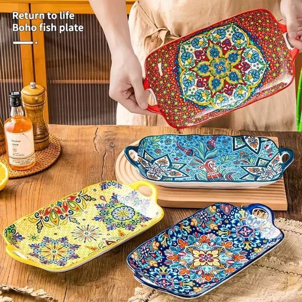 1 Bohemian style ceramic fish dish with handle 128inch rectangular dining table tray suitable for microwave and oven 250311