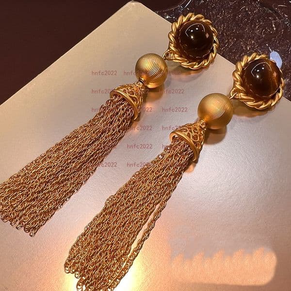 Maillard Natural Stone Tiger Eye Tassel Earrings Vintage Copper Gold Plated Hot Selling Shoulder Sweep Long Vintage Jewelry Designer