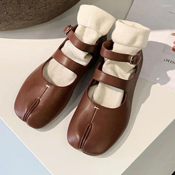 Sandals Split Toe Mary Janes Shoes For Women Square Heel Tabi Loafer Spring Summer Soft Leather Pumps