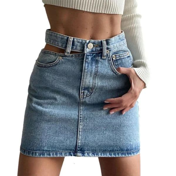 Fashionable high waist split wrapped buttocks leather jacket for women in summer slim fit denim half body dress commuting and leisure trend streetwear 250311BJ