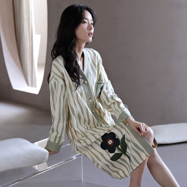 S12-Pure cotton pajamas women's spring and autumn long-sleeved cardigan dress loose and casual can be worn outside ladies' mid-length nightgown new style