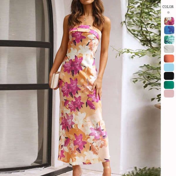 European American Spring/Summer New Style socialite satin backless strapless dress with printed 2025 new casual and versatile fashion clothing