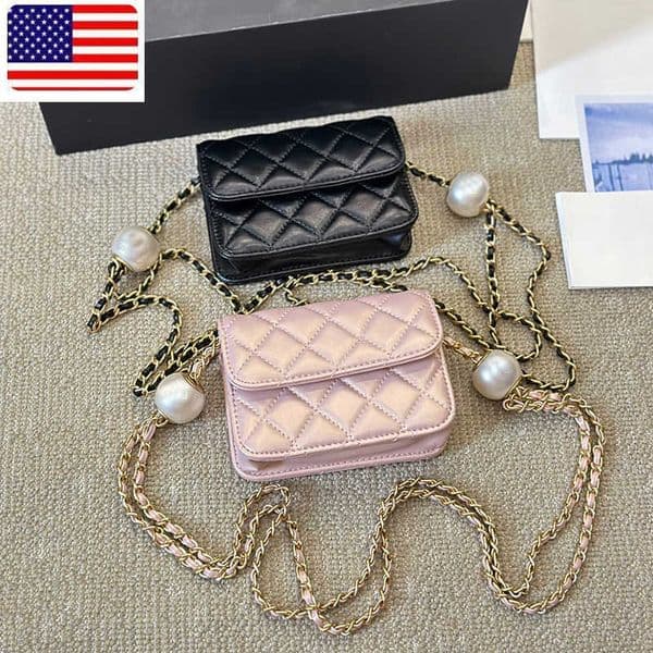2025 Designer Bag Cosmetic Bags Cases Pearl Chain Bag Mini Makeup Bag 12cm Stylish Women Shoulder Bag Leather Diamond Gold Hardware Metal Luxury Handbag Matelasse Ch